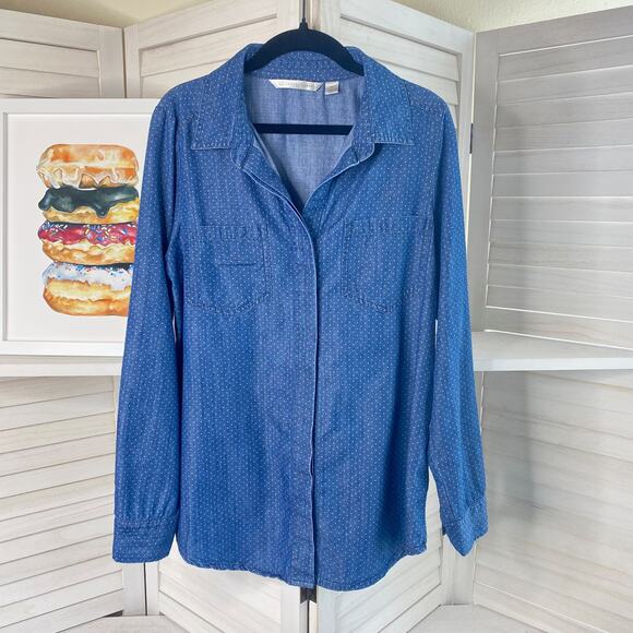 LC Lauren Conrad blue polkadot chambray button down shirt size medium - Picture 3 of 7